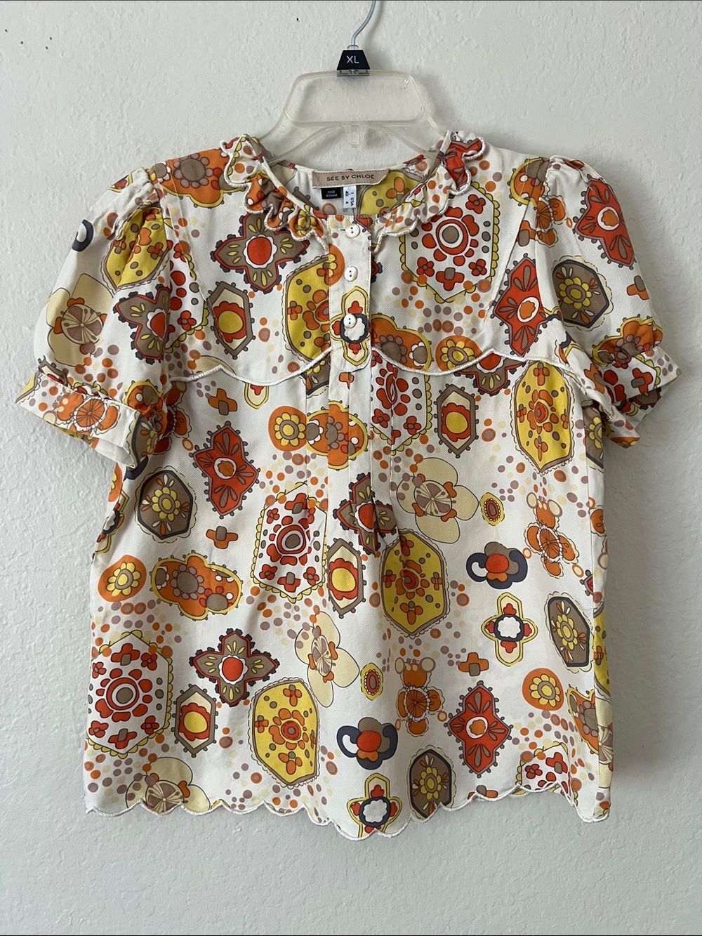 EUC See By Chloe 100% SILK Floral Print Ruffle Collar Top Cream/Yellow/Orange 4